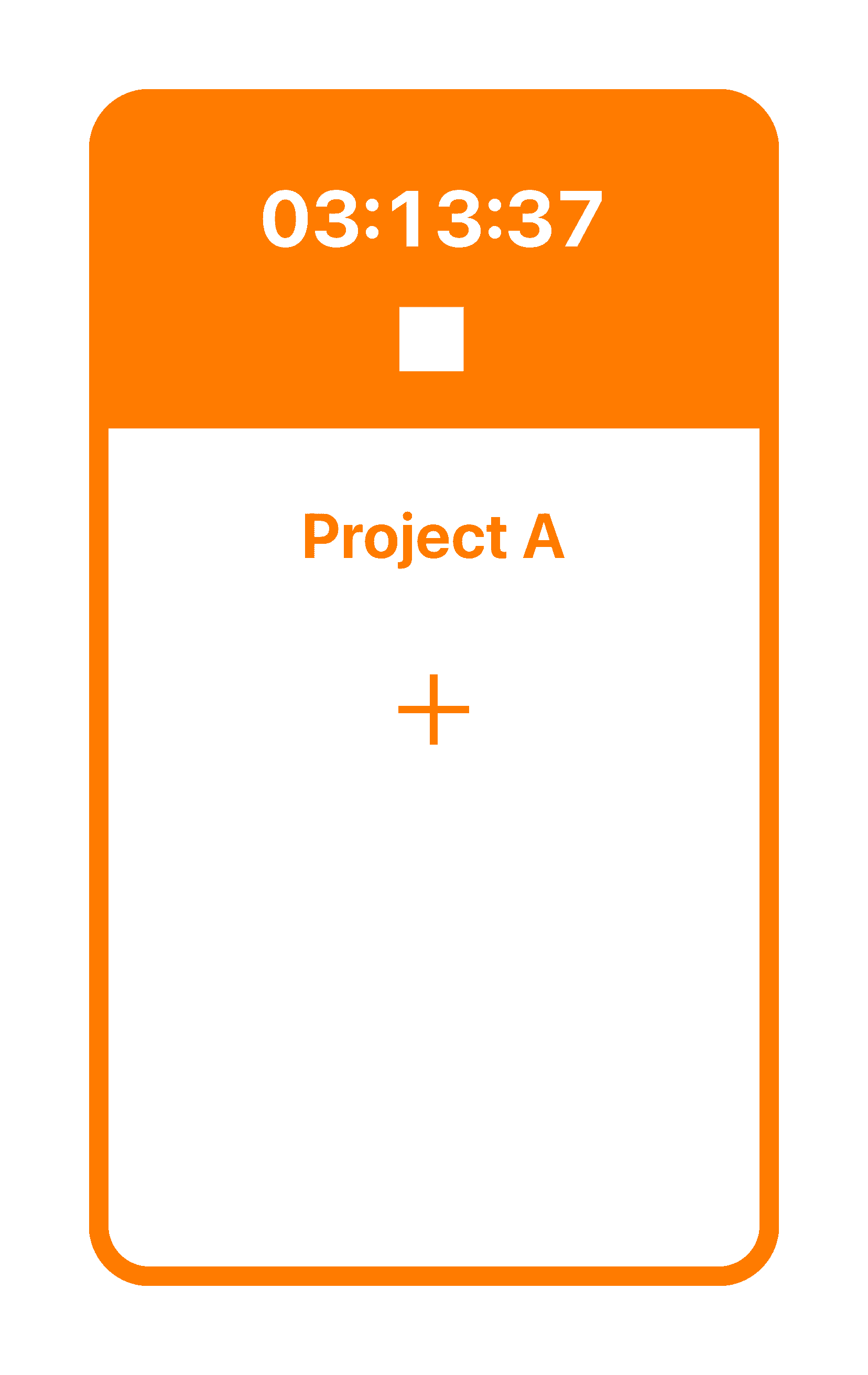 Tímavera mobile app on the clocked in screen. Clocked into Project A, elapsed time is 03:13:37. A square stop buttons to stop or clock out and a plus button for adding a comment or an image.